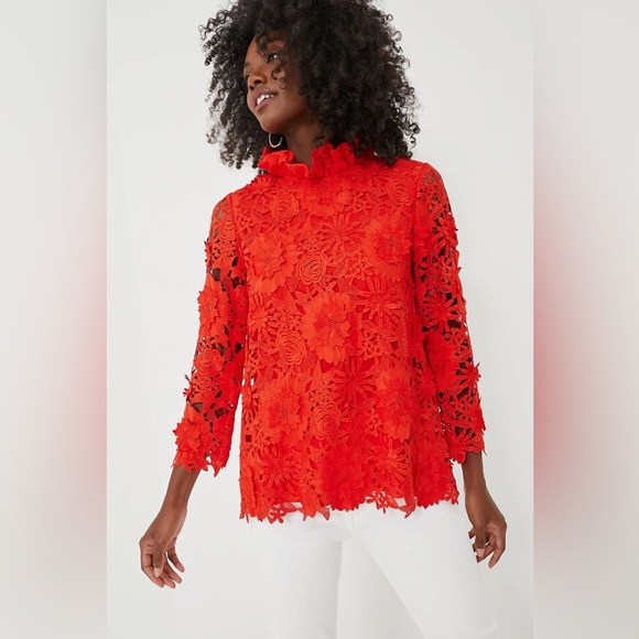 Tuckernuck Faye Red Guipure Lace Blouse XXS NWT Ruffle Bow Back Cocktail Top - Picture 1 of 11